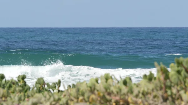 Valuri mari de maree albastre pe plajă, California, Statele Unite ale Americii. Coasta oceanului Pacific, verdeață pe malul mării . — Fotografie, imagine de stoc