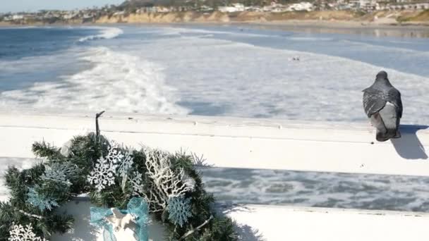 Рождественский венок на пирсе, Новый год на побережье океана, Калифорнийский пляж на Рождество. — стоковое видео