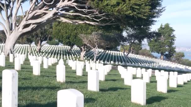 Tombstones on american military national memorial cemetery, graveyard in USA. — Stock Video