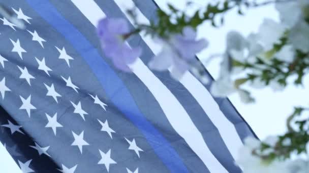 Drapeau monochrome noir blanc américain avec bande ou ligne bleue, soutien de la police. — Video