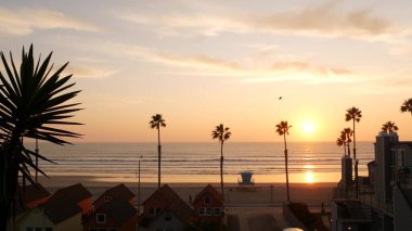 Palmiyeler ve günbatımı gökyüzü, California estetiği. Los Angeles havası. Cankurtaran Kulesi, kulenin kulübesini izleyin.
