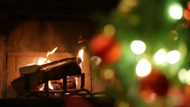 Las luces del árbol de Navidad por el fuego en la chimenea, Año Nuevo o la decoración de Navidad de pino. — Vídeo de stock