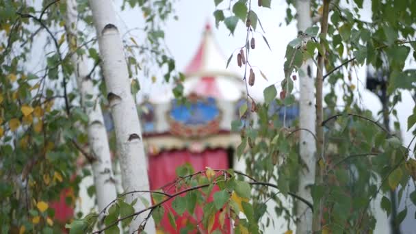 Giostra d'epoca nel parco autunnale, circo retrò o allegro andare tenda carosello rotondo. — Video Stock