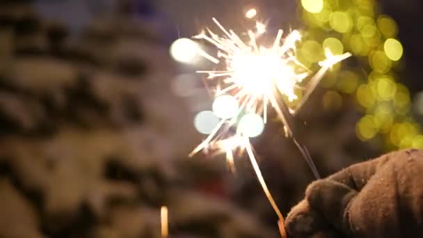 Sparkler fuegos artificiales quema, árbol de Navidad en la nieve, Año Nuevo o Navidad bengala luz — Vídeos de Stock