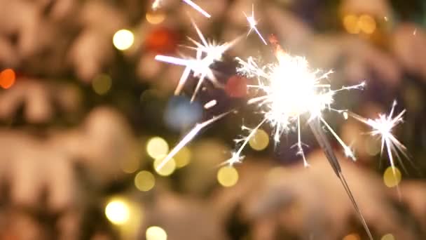 Sparkler fuegos artificiales quema, árbol de Navidad en la nieve, Año Nuevo o Navidad bengala luz — Vídeos de Stock