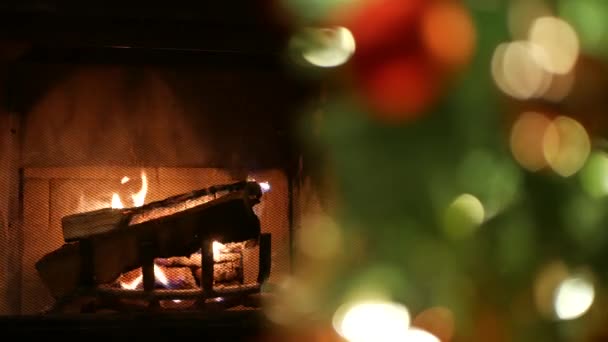 Christmas tree lights by fire in fireplace, New Year or Xmas decoration of pine. — Stock Video