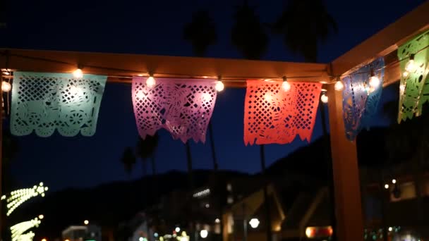 Mexican perforated papel picado banner, festival flags, paper tissue garland. — Stock Video