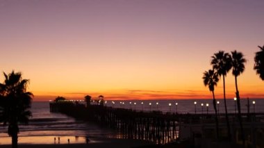 Kaliforniya 'da palmiyeler ve alacakaranlık gökyüzü. Tropik okyanus sahili günbatımı atmosferi. Los Angeles titreşimleri.