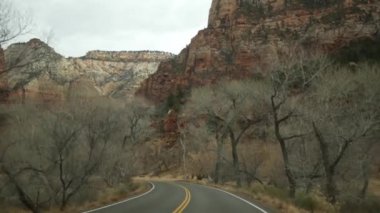 Yolculuk, Zion Canyon, Utah, ABD 'de araba kullanmak. Amerika 'da otostop çekmek, sonbahar seyahati. Kızıl uzaylı sarp kayalıkları, yağmur ve çıplak ağaçlar. Sisli hava ve sakin düşüş atmosferi. Arabadan görüntüle
