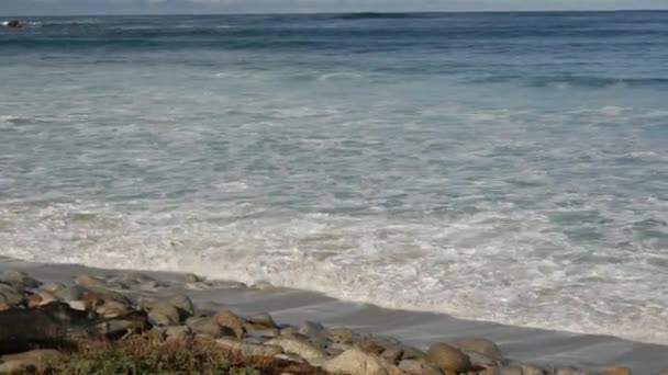 Ocean waves and rocks, Monterey, Northern California, EE.UU. 17 millas en coche cerca de Big Sur, balneario turístico de golf en Pacific Coast Highway. Salpicaduras de agua y brisa marina de la playa de guijarros. Viaje por carretera — Vídeo de stock