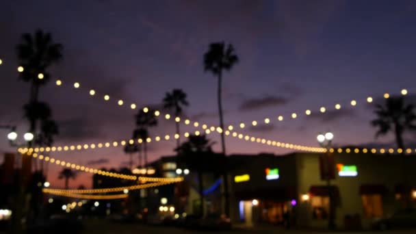 Electric garland, palm tree California USA Береговий захід, сутінки. Лос-Анджелес. — стокове відео