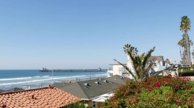 Pasifik Okyanusu sahili, palmiye ağacı ve iskele. Los Angeles yakınlarındaki tropik rıhtım beldesi..