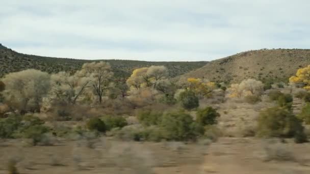 Дорожня поїздка з Гранд-Каньйону, штат Арізона, США. Керування автомобілем, маршрут до Лас-Вегасу Невада. Подорожі автостопом по Америці, місцева подорож, дика західна спокійна атмосфера, індіанські землі. Машина в пустелі.. — стокове відео