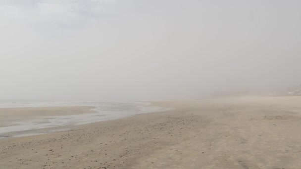 Spiaggia sabbiosa e nebbiosa California USA. Costa dell'oceano Pacifico fitta nebbia sulla riva del mare. foschia di brume di smog latteo — Video Stock