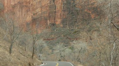 Yolculuk, Zion Canyon, Utah, ABD 'de araba kullanmak. Amerika 'da otostop çekmek, sonbahar seyahati. Kızıl uzaylı sarp kayalıkları, yağmur ve çıplak ağaçlar. Sisli hava ve sakin düşüş atmosferi. Arabadan görüntüle