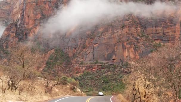 Red steep cliffs in Zion Canyon, Utah, USA. Hitchhiking trip, traveling in America, autumn journey. Rain, rocks and bare trees. Foggy weather and calm fall atmosphere. Road with yellow dividing line — Stock Video