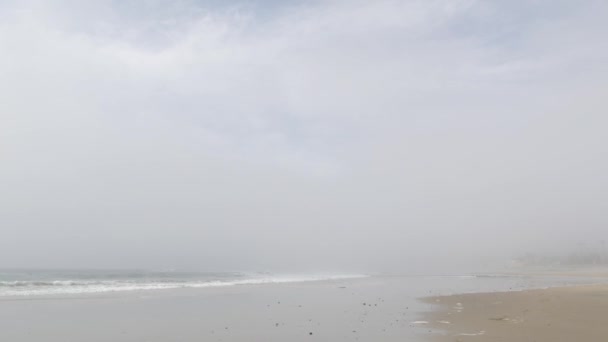 Spiaggia sabbiosa e nebbiosa California USA. Costa dell'oceano Pacifico, fitta nebbia sulla riva del mare. Onde nella foschia di brume. — Video Stock