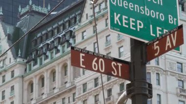 New York City Manhattan Midtown, Birleşik Devletler. Grand Army Plaza 'daki eski tarihi otel binası 1907, Central Park yakınlarındaki 5. Cadde tabelası. Klasik simgesel Amerikan mimarisi. New York 'ta Pulitzer Plaza