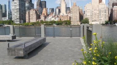 Amerika Birleşik Devletleri Roosevelt Adası parkından New York City Manhattan şehir merkezi silueti. Kırmızı tuğla binalar, nehir kenarı manzarası East River suyu, Turtle Bay evleri ve bank..