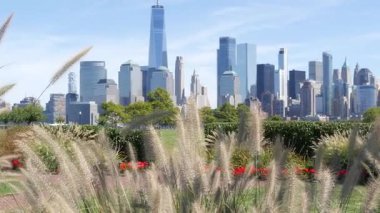 New York City Manhattan Financial District Skyline, New Jersey Liberty State Park 'tan Dünya Ticaret Merkezi kulesi. Yeşil çimenler, çiçekler ve gökdelen binalar şehir manzarası.