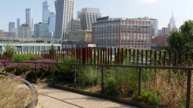 New York City Little Island rıhtım parkı, Midtown of Manhattan, ABD. Hudson yard ve Chelsea 'deki sütunlarda bulunan şehir bahçesi vahası. Biyofilik tasarım, eko flora, bitkiler ve yeşillik.