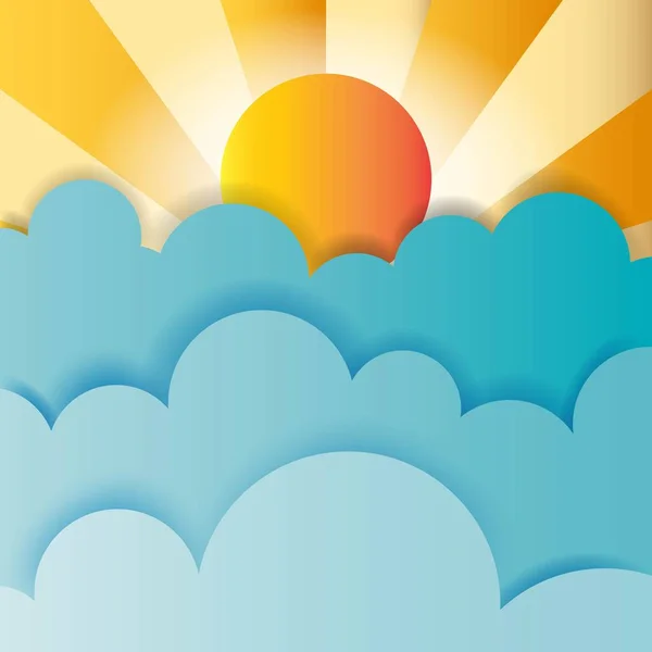 Kleurrijk Papier Snijdt Pluizige Wolken Zon Met Stralen Aan Blauwe Stockillustratie