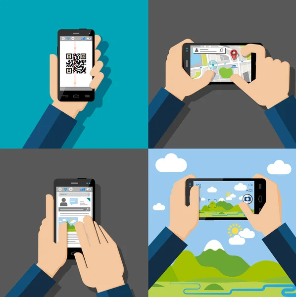 Mains tenant des smartphones à écran tactile avec des applications — Image vectorielle