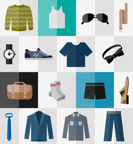 Set of flat men clothes and accessories icons