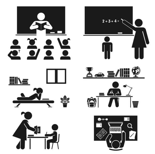 Dias de escola. Conjunto de ícones do pictograma. Crianças de escola . —  Vetores de Stock