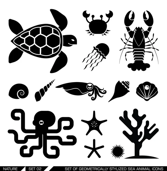 Conjunto de iconos geométricamente estilizados de animales marinos — Vector de stock