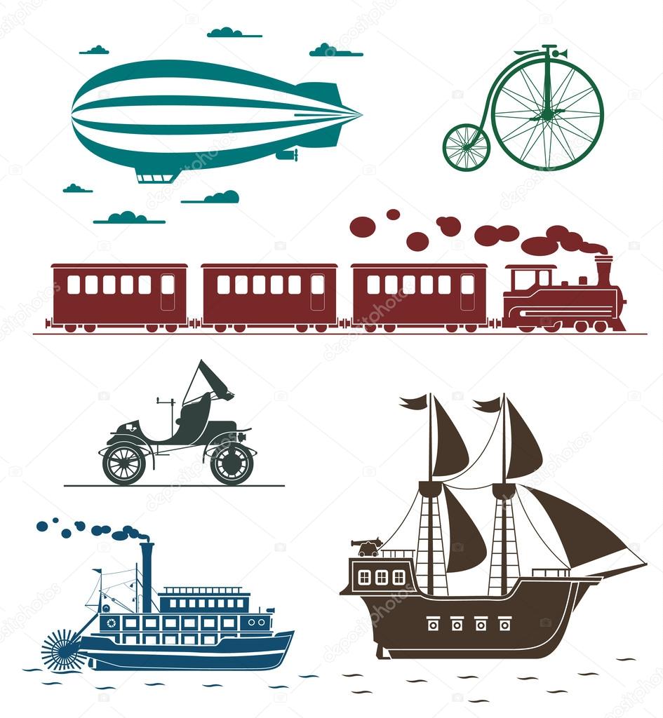 Vector icons of vintage means of transportation.