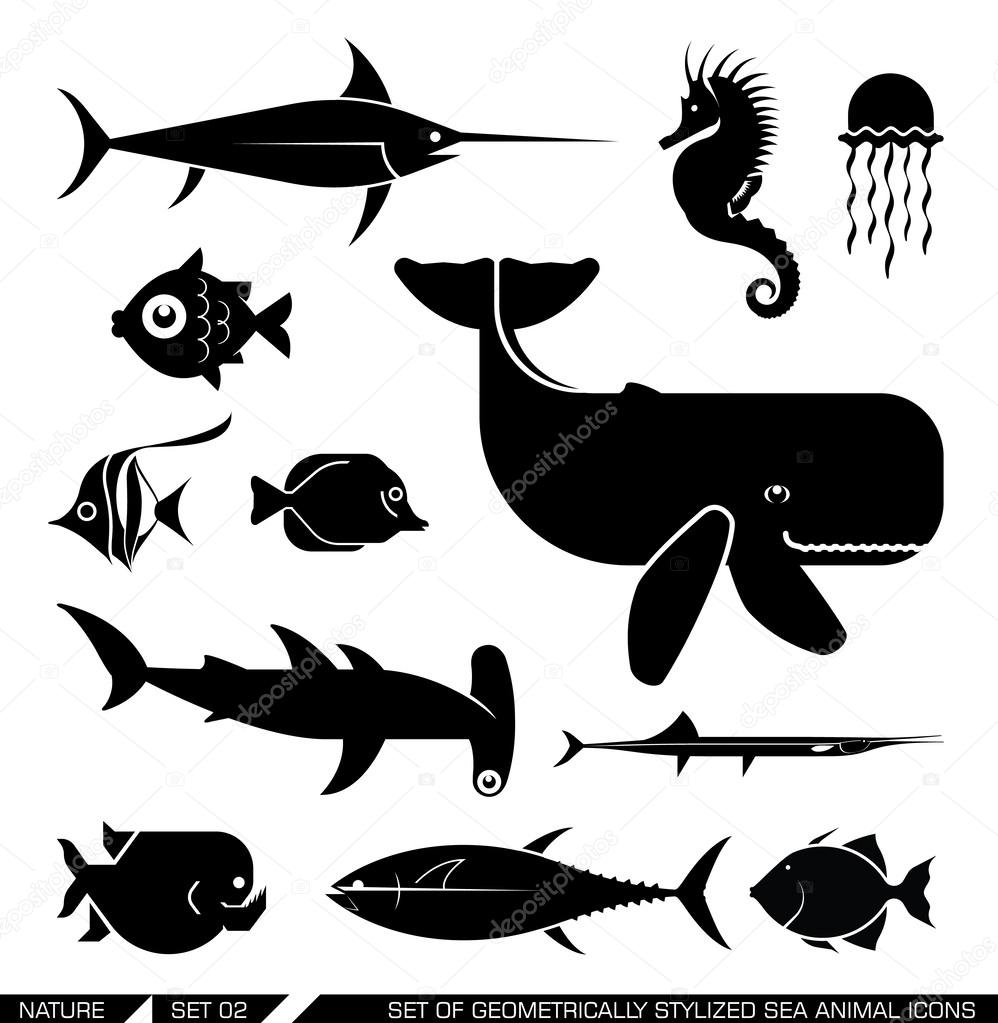 Set of geometrically stylized sea animal icons