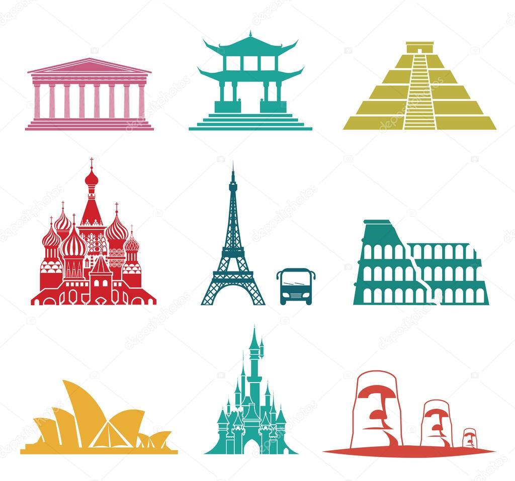 Famous monuments travel icons.