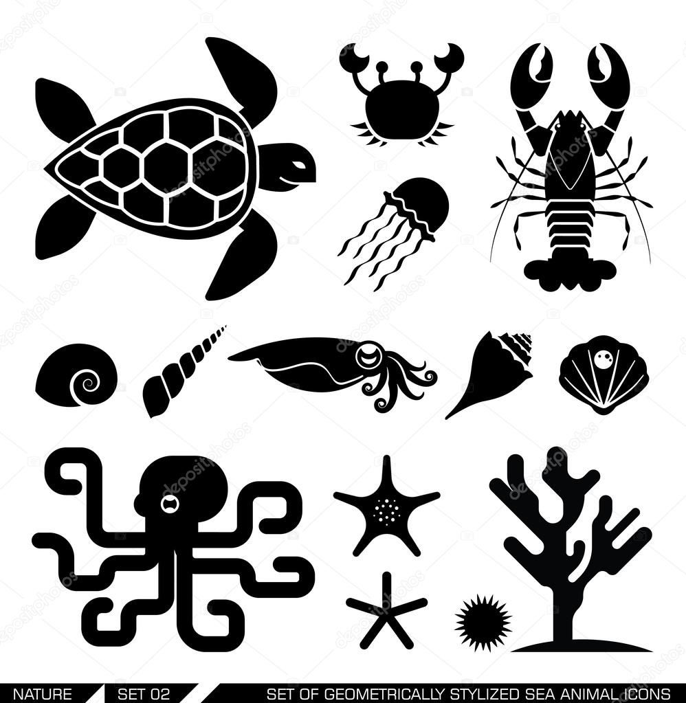 Set of geometrically stylized sea animal icons