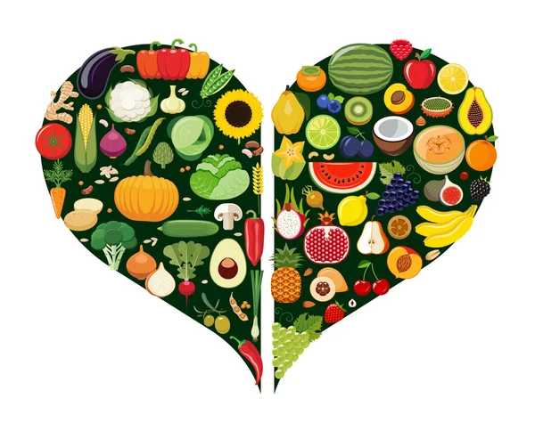 Conjunto de iconos de frutas y verduras que forman la forma del corazón . — Vector de stock