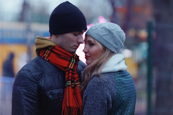 Attractive couple walking in city