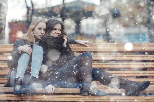 在冬季的两个年轻女友 — 图库照片