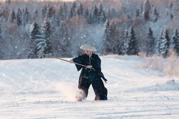 Samurai in winter field — Stock Photo, Image