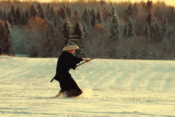 Samurai im Winterfeld — Stockfoto