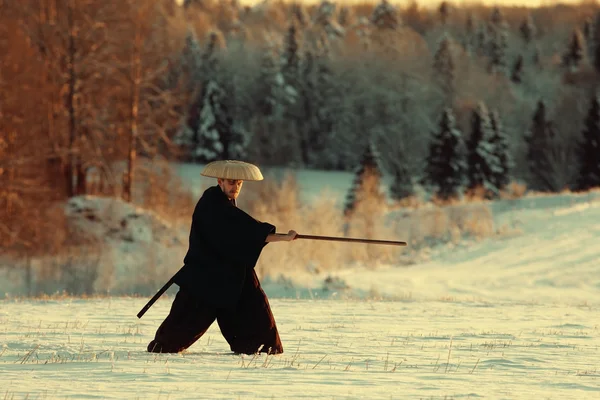 Samurai in winter field — Stock Photo, Image