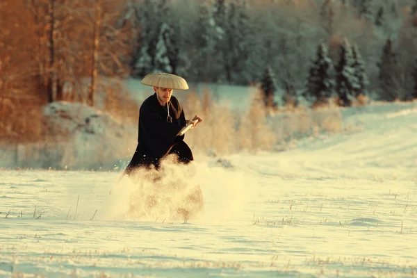 Samurai in winter field — Stock Photo, Image