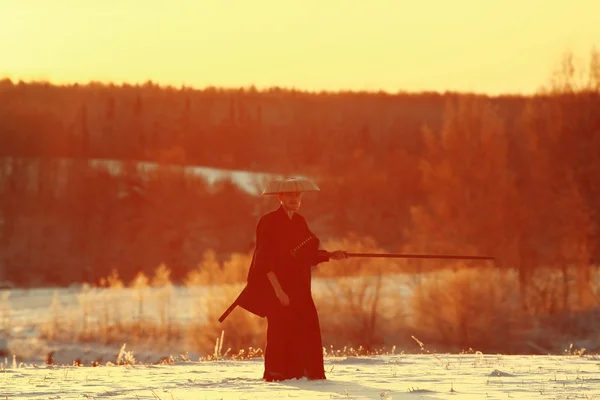 Samouraï dans le champ d'hiver — Photo