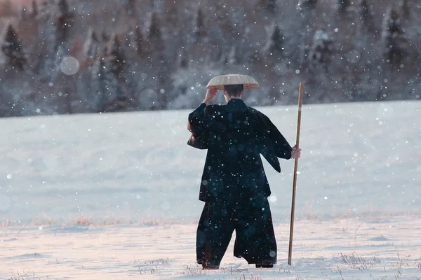 Samouraï dans le champ d'hiver — Photo