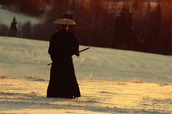 Samurai in winter field — Stock Photo, Image