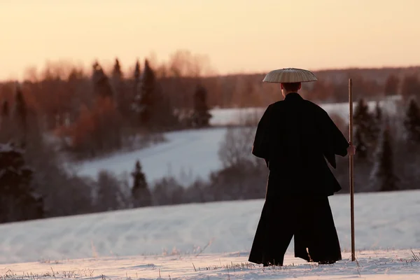 Samurai in winter field — Stock Photo, Image