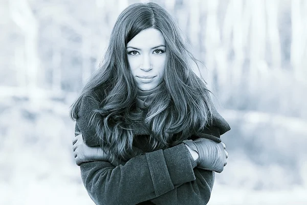 Chica morena en el bosque nevado — Foto de Stock