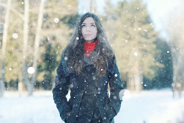 Brunette girl in snowy forest — Stock Photo, Image