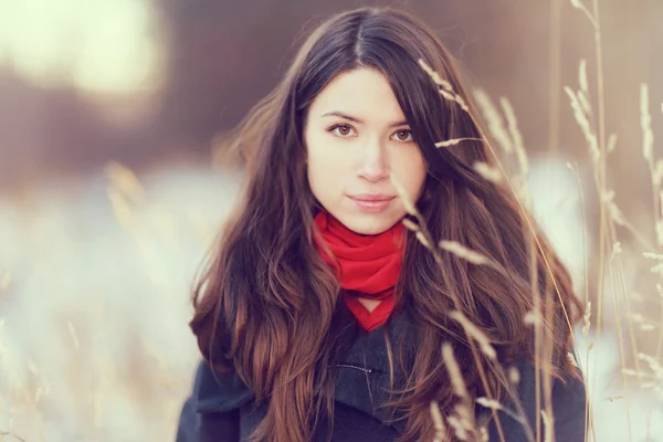 Jeune fille aux cheveux longs et foncés — Photo