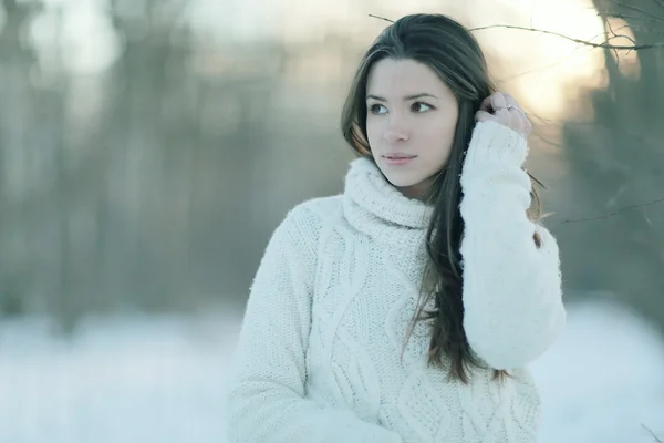 雪に覆われた森林のブルネットの少女 — ストック写真