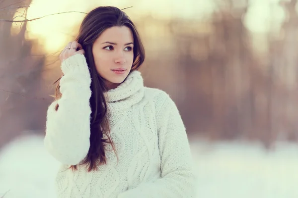 雪に覆われた森林のブルネットの少女 — ストック写真